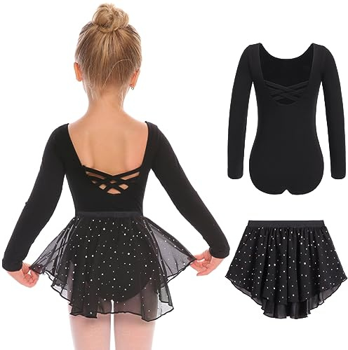 Zaclotre Girls Ballet Leotards Toddler Long Sleeve Crisscross Back Dance Dress Outfit with Removable Shiny Skirt Combo
