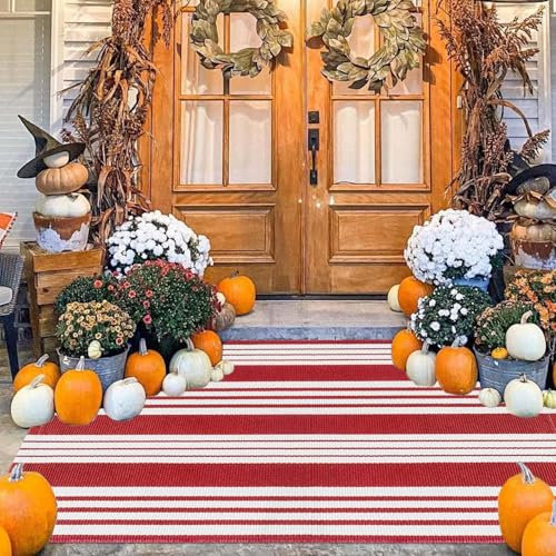 BUAGETUP Red and White Outdoor Rug 3'x 5' Hand-Woven Cotton Washable Rug Striped Front Porch Rug Machine Washable Indoor/Outdoor Area Rug Floor Mat for Farmhouse/Layered Door Mats/Living Room
