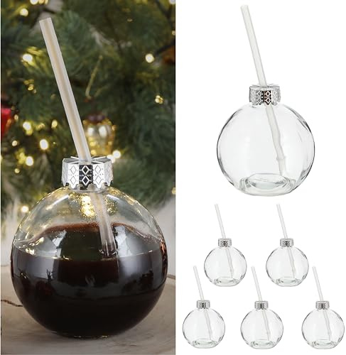Cepewa Trinkglas Christbaumkugel 6er Set | Füllmenge 400ml Ø 10cm Glas | Weihnachtskugelglas mit Trinkhalm