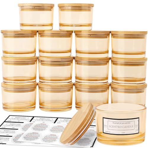 CONNOO 15 Stück 120 ml Amberfarbene Kerzengläser mit luftdichten Bambusdeckeln zum Kerzenmachen, weithalsige, leere Kerzengläser im Großpack mit haftenden Warnetiketten - spülmaschinenfest, Champagner
