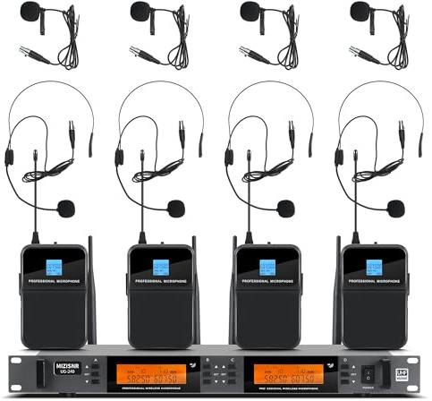 MIZISNR Sistema microfonico wireless UHF a 4 canali con microfoni Lavalier, 4 x 1000 frequenze regolabili, ideale per karaoke, riunioni, chiesa, portata 91,4 m (4 borse)