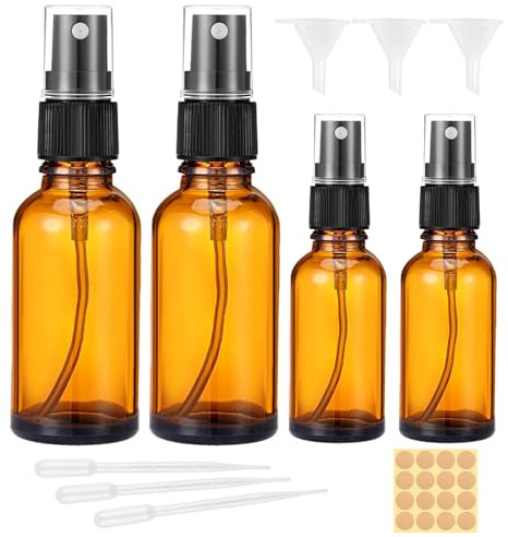 Ailvor 4 Stück Glas Sprühflasche, Braunglas,50ml/30ml | Klein Zerstäuber Mit Trichter und Tropfer, Etiketten für Wasser Alkohol Kosmetik Parfüm