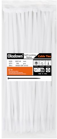 Oksdown Paquete de 100 bridas de plástico blanco de 300 mm x 4,8 mm, nailon resistente, autobloqueo, 30 cm de largo