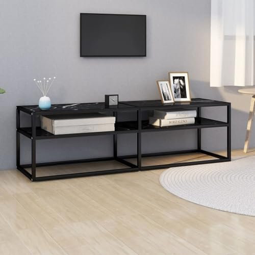 Sufrk TV-Schrank Fernsehschrank Schrank Wohnzimmer TV Cabinet TV Sideboard Wohnzimmer Schwarz Marmor-Optik 140x40x40,5 cm Hartglas