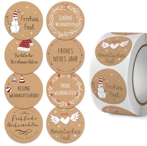 Cadimus Aufkleber Weihnachten - 500 Stück Frohes Weihnachten Sticker,4cm Weihnachtsaufkleber Selbstklebend - Rund im 8 Stil,Kraftpapier Geschenkaufkleber Für Geschenke,Umschläge,Weihnachtsdeko