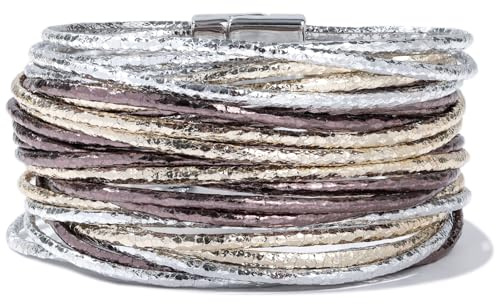 FANCY SHINY Boho Leather Bangle Bracelets Stackable Layer Wrap Strand Bracelets with Magnetic Clasp Handmade Trendy Jewelry for Women(Metallic/Black)