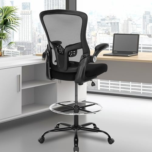 Luckyear Ergonomischer Zeichenstuhl - Hoher Bürostuhl für Stehpult, Höhenverstellbarer Netzstuhl mit Fußstütze und Klapparmen, Thekenhöhe, Schwarz