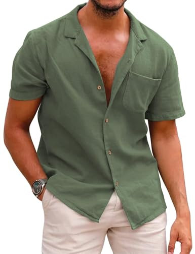 COOFANDY Short Sleeved Shirts for Men Linen Button Down Shirt Casual Stylish Non Iron Beach Holiday Shirts Army Green L