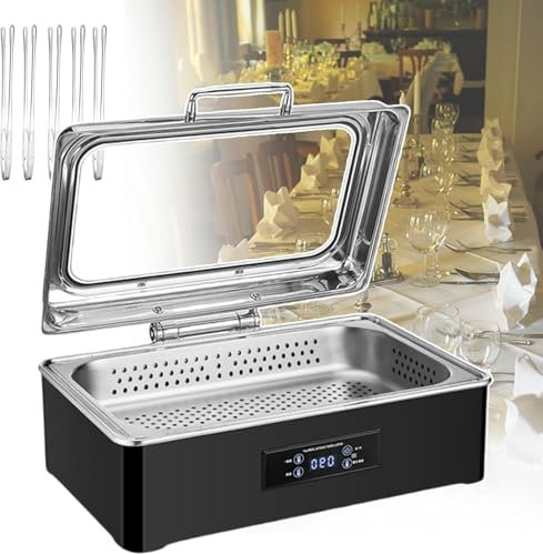 AFLEPCBRQ 500W Buffet Chafing Dish Warmer Stainless Steel | Electric Food Steam Heater with Visible Window Lid | Hot Food Warmer for Picnic Restaurant Party Cafeteria (w/5 Barbecue Tongs),1-grid