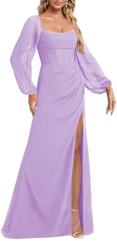 Damen Chiffon Brautjungfernkleider für Hochzeit mit Schlitz formelle Abendkleider Partykleider Cocktailkleider Übergröße, Flieder, 40