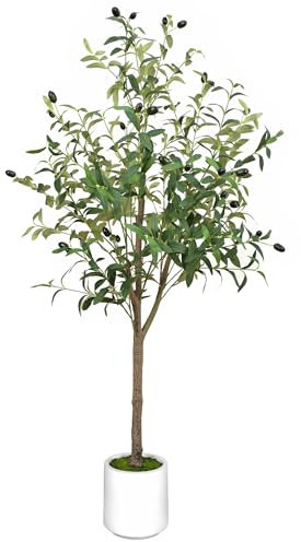 Olivo Artificial Planta 120cm Plantas Artificiales Decorativas Grande Árboles Plástico de Interior y Exterior Decoración con Cuenca Blanca para Hogar, Oficina, Casa, Balcón, Dormitorio (1Pack)