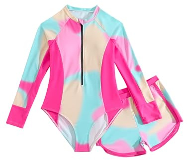 WYTbaby baddräkt flickor UV badkläder långärmad tvådelad Rash Guard set med shorts för flickor 8–13 år, röd, 10-11 år