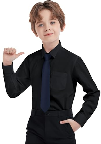 AmazingSea Boys Dress Shirts Long Sleeve, Kids Boys Black Button Down Shirt Wrinkle-Free for Formal & Casual (Size 10, Black)