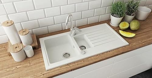 Faizee Home | Spülbecken Weiß 100x50 cm aus Granit – Modell Napoli mit 2 Becken & Abtropffläche | Beidseitig montierbare Einbauspüle | Küchenspüle inkl. Siphon-Set (Weiß)
