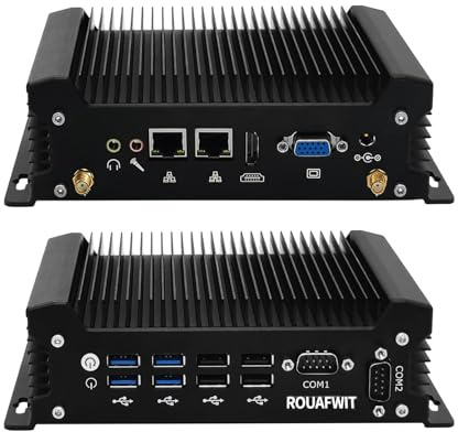 ROUAFWIT Mini PC i5 Dual LAN Fanless Industrial Computer, Core i5-1335U, Win11 Pro Linux Mini Desktop PC, 8GB RAM 256GB SSD, 4K HD, VGA, 2RS232 COM, 4USB3.0, 4USB2.0, Auto Power on