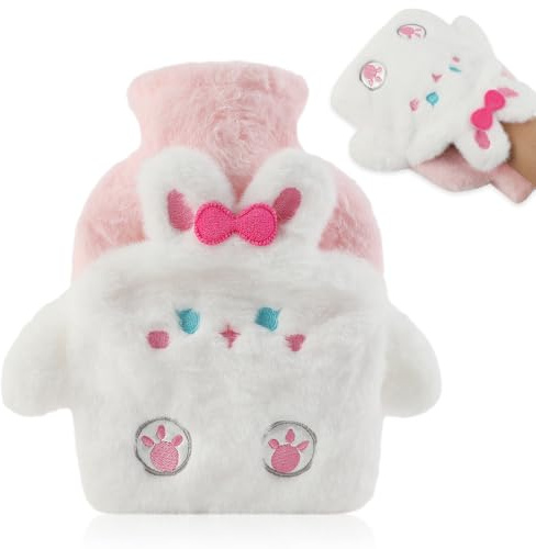 Lvjkes Bolsa agua caliente, 500ML Bolsa agua caliente peluche con tapa, Bolsa agua caliente niños, Extraíble para su limpieza, Prueba de explosiones y fugas, Apta para niños y adultos (Conejo)