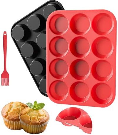 Lightweight Silicone Muffin Trays 12 Cup with Metal Frame, Yorkshire Pudding Tray, Silicone Cake Mould for Cupcakes, Non Stick Muffin Tin, Baking Mould for Cottage Muffins with Brush (red+black)
