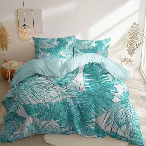 Plant Palm Leaf Monstera theme Duvet Cover, Light Blue Reversible Design Duvet Cover, Double size Breathable Quilt Covers, Easy Care & Washable bedding set with 2 Pillowcases 50 x 75 cm