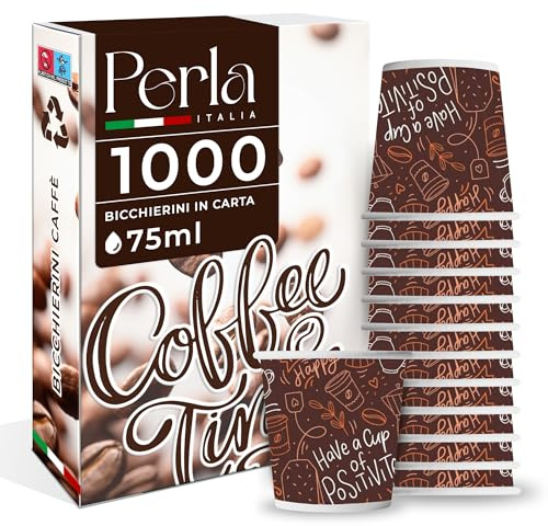 Perla - 1000 Bicchierini Caffe Carta 75ml - Bicchieri Caffè Monouso Biodegradabili - Bicchierini da Caffè Usa e Getta Ecosostenibili per Bevande Calde