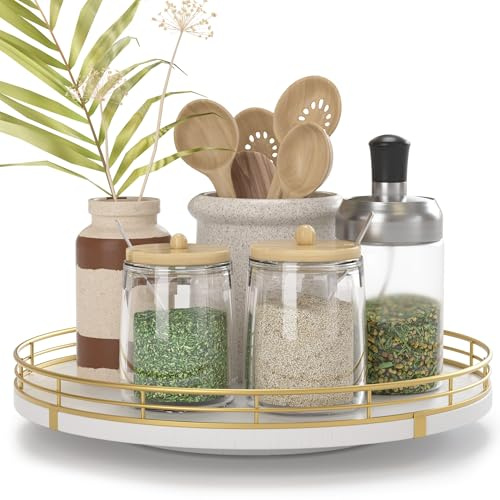 Oroyutor 10-Inch White Wooden Lazy Susan Spice Organizer with Gold Rail | Rotating oak tray organizes spices, toiletries and decor on kitchen counters, bathroom vanities, dining and coffee tables.