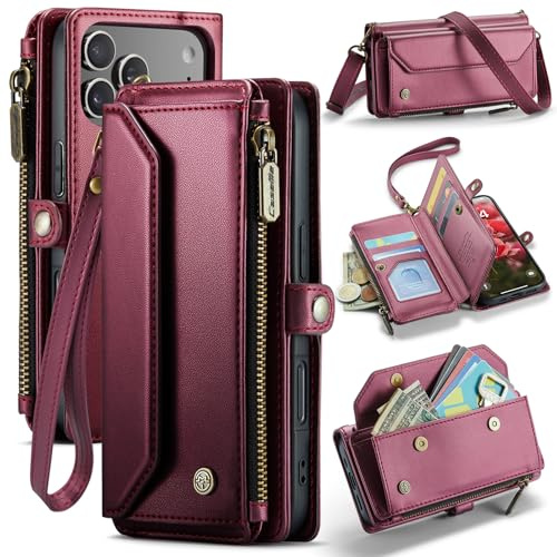 FONREST Étui portefeuille en cuir pour iPhone 17 Pro, couvercle à rabat magnétique avec béquille, blocage RFID, porte-cartes, fente pour monnaie, poche à fermeture éclair, lanière de porté en croix