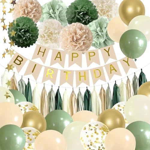 Décoration Anniversaire Vert Sauge pour Femme et Adulte, Ballons Vert et Or avec Banderole Happy Birthday, Pompons en Papier et Confettis, Kit de Décoration Anniversaire Bohème Chic pour une Fête Élég