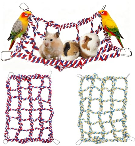 Set di 2 reti da arrampicata colorate in cotone per piccoli animali – accessori per gabbia con 4 ganci – amaca per ratto, pappagallo, criceto e furetto – rete sospesa resistente e lavabile per gabbie
