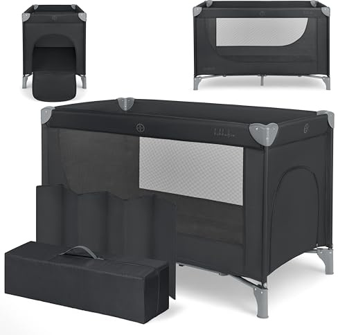 KikkaBoo Reisebett Baby SO Gifted 2026, Kinderreisebett 120x60 cm, bis 15 kg, Faltbar & Kompakt, Tragbar mit Transporttasche, Zusammenklappbar für Reise & Urlaub, Schwarz