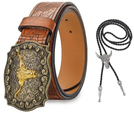 RQcMid 2 Stück Cowboy Gürtel Herren, Western Gürtel Herren, Cowboy Belt für Western Fans, Westerns-Lederschnallengürtel, Perfekt für Partys und Geschenke, 110 cm Länge, Gold