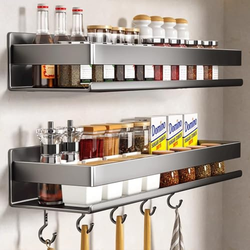 FARYODI Juego de 2 estantes para especias de pared, sin taladrar, estante de cocina con 5 ganchos de plástico, estante de especias para colgar en la puerta, estante de especias para colgar en el