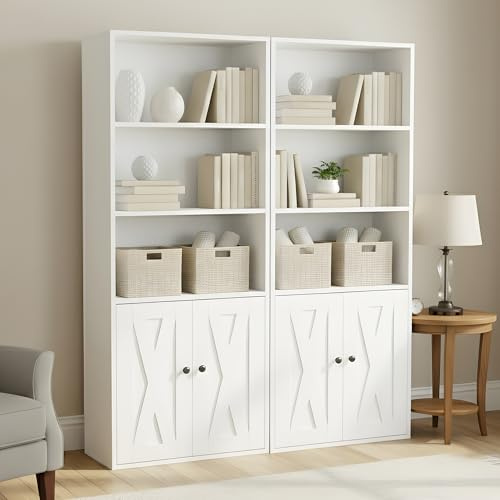buybyroom Bokhylla med dörrar, vitrinskåp vardagsrum, bufféskåp kök, 60 × 30 × 151 cm, stående hylla för arbetsrum, kontor, vardagsrum, sovrum, vit, 2 stycken