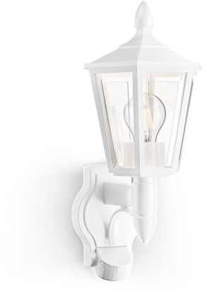 Steinel Außenleuchte L 16 S Weiß mit Bewegungsmelder – Wandleuchte für Außen, 180° PIR-Sensor bis 10 m, Dämmerungsschalter, IP44 wetterfest, E27-Fassung, Außenbeleuchtung für Haus, Terrasse & Eingang