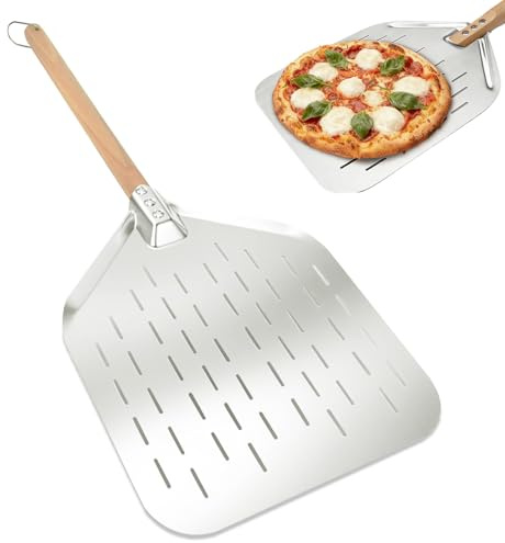 Pizzaspade, 40 x 30 cm, perforerad pizzaspade, 12 tums perforerad pizzaspade, professionell pizzaspade med stor yta, avtagbart trähandtag, för hembakad pizzaröd