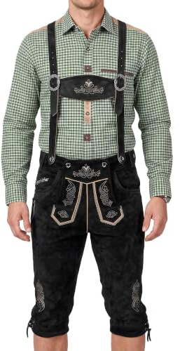 Steigenhöfer, pantaloni da uomo in pelle, al ginocchio, Reinhold, con bretelle, 100% pelle bovina, tradizionali pantaloni in vera pelle, ideali per il tuo abbigliamento da uomo Oktoberfest, Nero , 64