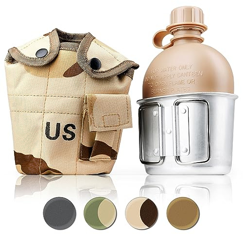Ganzoo borraccia in alluminio spazzolato stile Bundeswehr, 1 l con bicchiere 0,6 l pentolino, tappo a vite con guarnizione, custodia in tessuto Desert Camo, 205x125x70 mm, borsa con bottone e passante