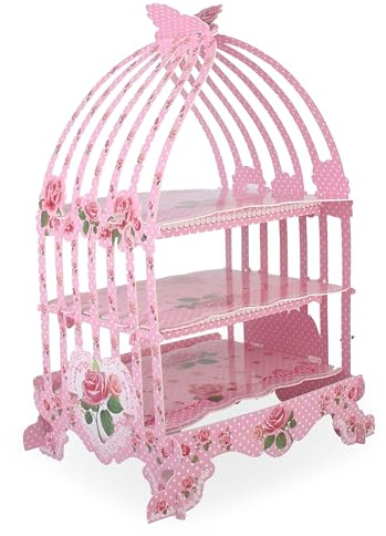 Trimming Shop Vintage Style Birdcage Theme Foldable Cardboard 3-Tier Cupcake Stand Table & Party Décor For Weddings, High-Tea, Birthday, Anniversary Parties, Pink | Builds An Attractive Centrepiece for Dessert Stations High Tea Anniversaries Community Occasions and Special Hosting