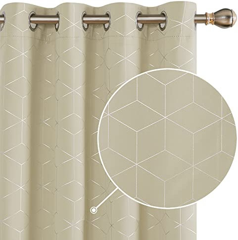 Deconovo Blackout Thermal Insulated Curtains, Silver Diamond Printed Curtains for Bedroom, 46 x 54 Inch(Width x Length), Beige, One Pair