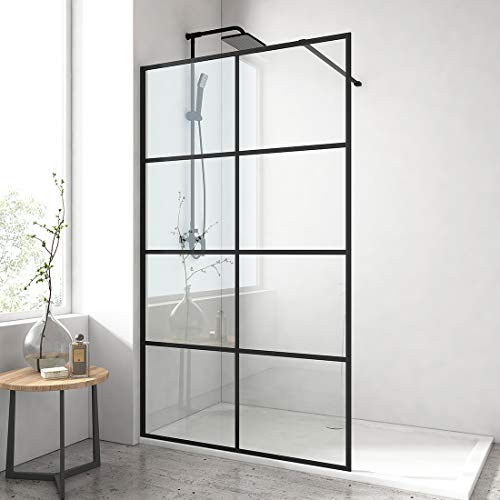 EMKE Duschwand 90x200 cm Walk In Duschtrennwand Für Badewanne 8 mm Duschwand glas NANO einfach-Reinigung Beschichtung Schwarzer Rahmen Gitter
