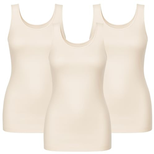 UnsichtBra Pack de 3 Camisetas Interior Mujer Tirantes Anchos | Top Ajustado y Moldeador Ligero | Camiseta Reductora Shapewear Cómoda – Negro, Blanco, Beige (3 x Beige, S-M)