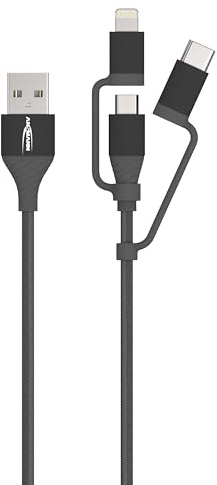 ANSMANN USB 3-in-1 Ladekabel Micro-USB/Type-C/Lightning Adapter, Apple MFi-zertifiziert, Datenkabel mit 480 Mbit/s, robuster Textilmantel und Aluminiumgehäuse, 120cm, anthrazit