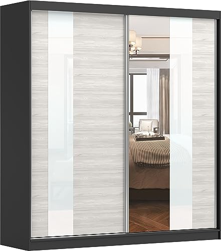 Fabryka Mebli Idźczak Kleiderschrank mit Spiegel, Schiebetüren - Schwebetürenschrank, Schlafzimmerschrank - 61 x 203 x 218 cm - Schrank für Schlafzimmer, Ankleidezimmer, Garderobe - Schwarz, Creme
