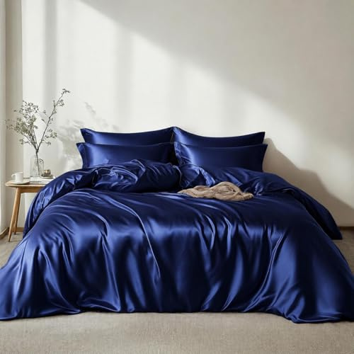 Lanqinglv Satin Bettwäsche Set 155x220 cm Blau Marineblau Seide Glatt Glanzsatin Luxus Sommerbettwäsche Set Satin Polyester Uni Bettbezug mit Reißverschluss und 1 Kissenbezug 80x80cm