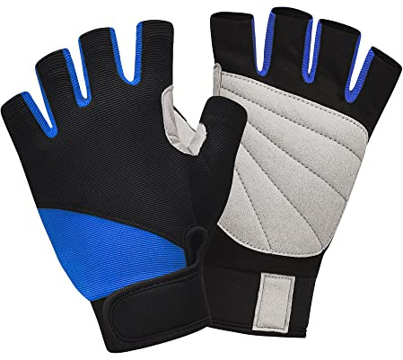 ChinFun Unisex Fishing Gloves Padded Palm Fingerless Kayaking Glove Men Women Water Ski, Canoeing, Windsurfing, Kiteboarding, Sailing Blue & Black M