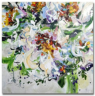 LCDIUDIU Handgemalte Acrylbilder, Bunte Textur Blumen Blätter Pflanzen Abstrakt Modern Handgemalte Ölgemälde Auf Leinwand Für Familie Wand Wohnzimmer Esszimmer Home Art Decor,90X90Cm(36X36