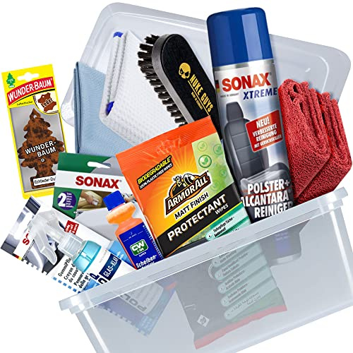 Auto Innenraum Reinigungsset - 12 teilig - mit SONAX Xtreme Polster & Alcantara Reiniger | POLYTOP Glasreiniger | Dr. WACK Scheibenreiniger | ARMOR ALL Cockpit Pflegetücher + Echt Leder