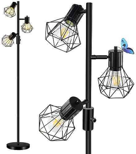 HiBay LED Stehlampe Dimmbar,Industrial Rustikale Stehleuchte 3 Flammig Schwarz Standlampe mit 3x8W 800LM E27 Lampe Leselampe für Wohnzimmer, Schlafzimmer, Büro