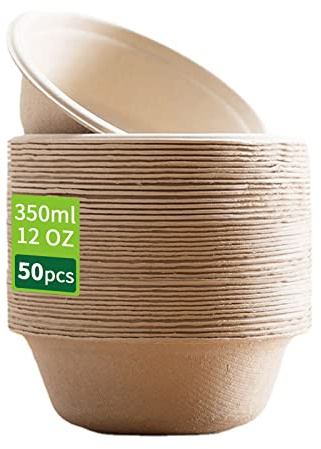 Meiontepor 50-Pack Einwegpapierschalen, aus Bagasse-Zellstoff, biologisch abbaubar und kompostierbar, umweltfreundliche Einwegschalen, perfekt für Party und Picknicks (12 oz)