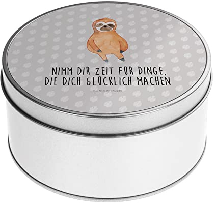 Mr. & Mrs. Panda Blechdose rund Faultier Zufrieden - Geschenk, Ruhe, Keksdose, Metallbox, Glück, Faultier Geschenk, Blechdosen mit Deckel, Faultier