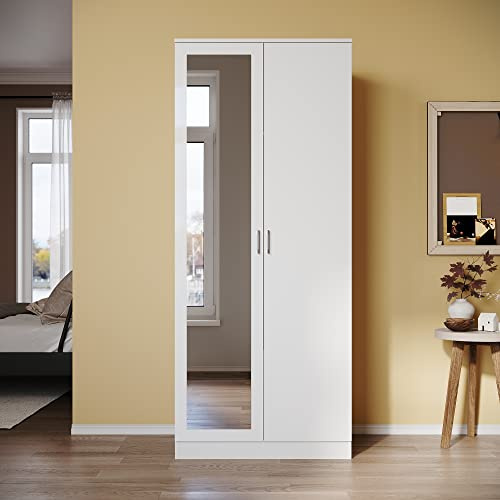 SUNXURY Kleiderschrank mit Spiegel, Garderobe, Drehtürenschrank mit Kleiderstange und Schubladen Großer Stauraum, 180 x 76 x 47cm, Modern Design Weiß