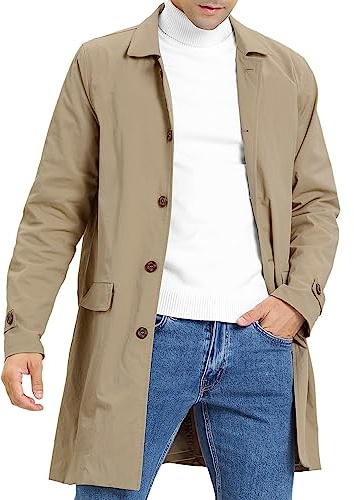 Fezia Trenchcoat för män, enkelknäppt, lång kappa, lätt , jacka för höst och vinter, övergångsjacka, kaki, XL